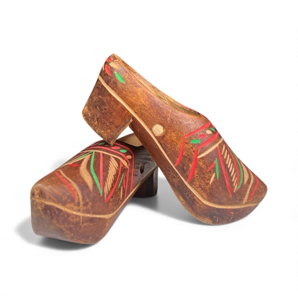 Small Decorative Dutch Wooden Clogs with Red and Green Accents-5”